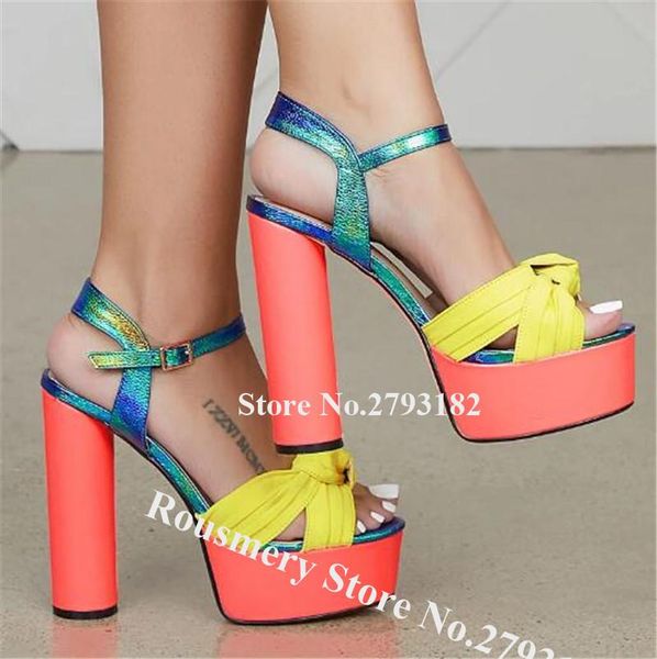 

girls fashion open toe patchwork high platform knotted chunky heel sandals yellow green orange dress shoes, Black