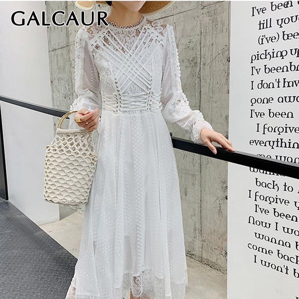 

casual dresses galcaur patchwork lace dress for women bandages embroidery high waist long sleeve female a line elegant autumn 2021 tide, Black;gray