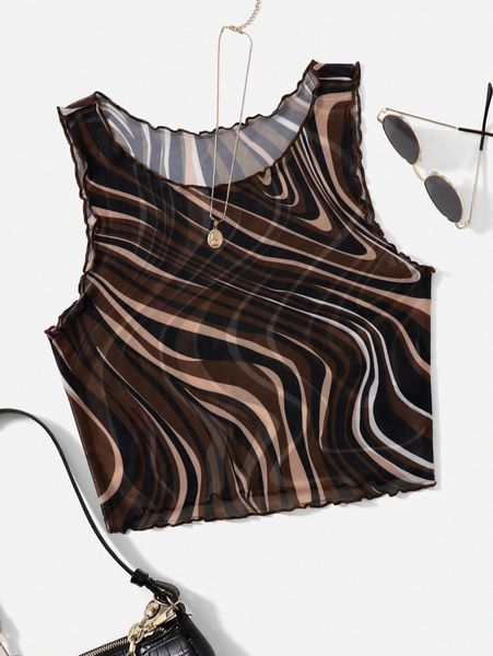 

marble print lettuce trim mesh tank t0me#, White