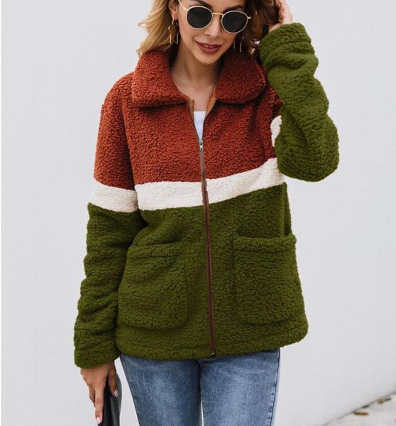 

women's fur & faux coat ladies hooded winter casual teddy jacket autumn pocket large stitching zipper wool, Black