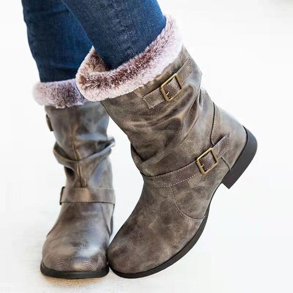 

boots women winter medium tube snow female warm fur plush insole flat heel fashion buckle, Black