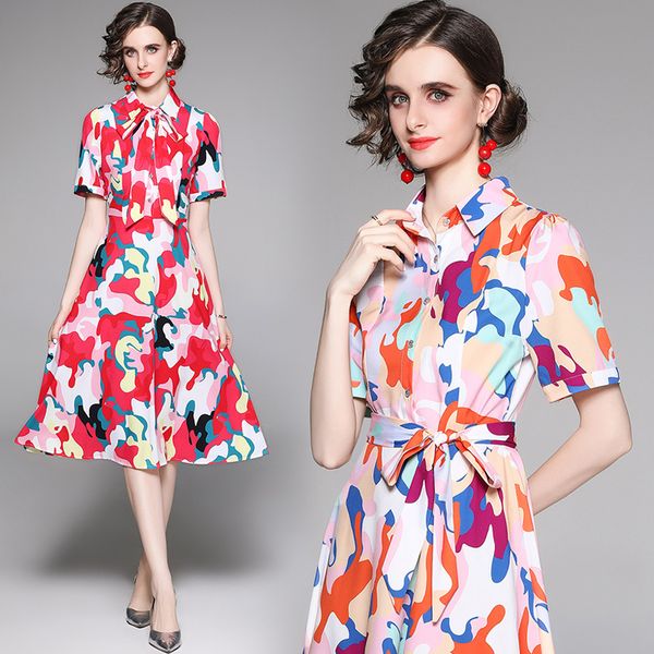 

summer runway vintage floral print collar bow belt short sleeve button front women ladies casual party beach work office a-line midi dress, Black;gray