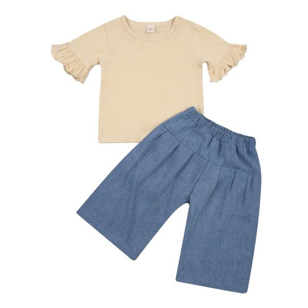 

1-5years kids baby girls fashion 2-piece outfit set flare sleeve +pants for children clothing sets, White