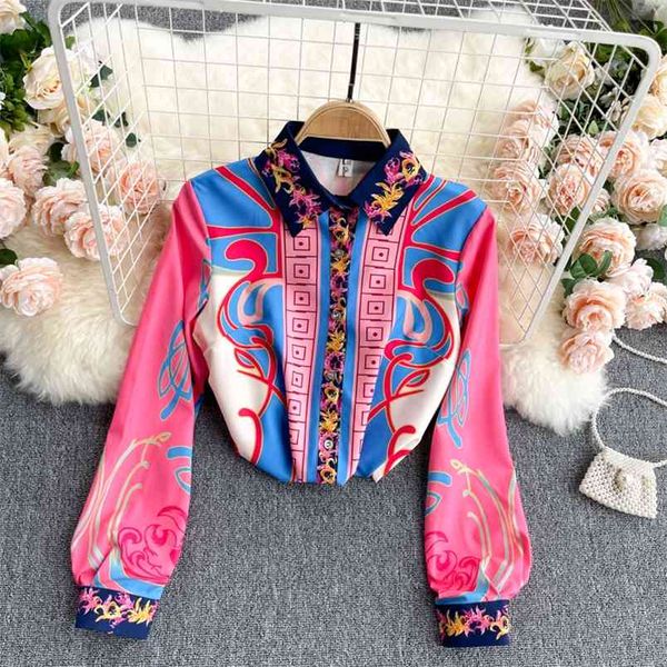 

european american retro fashion blouse female printed shirt buttoned blusa small stand-up collar gk362 210506, White