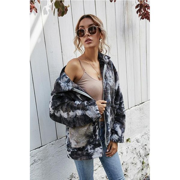 

women's vests plush lapel zipper coat faux fur fluffy tie-dye fashion oversize to keep warm ladies outerwear autumn winter, Black;white