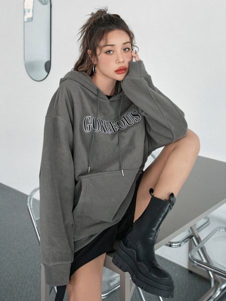 

dazy letter embroidery drop shoulder drawstring hoodie k9hp#, White;black
