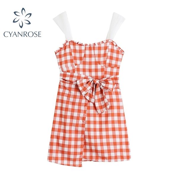 

summer plaid sweet spaghetti strap women's crop dress high waist bandage slim sleeveless frocks vintage rok vestidos mujer 210515, Black;gray
