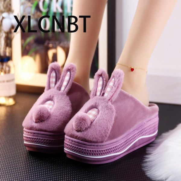 

slippers 2021 fur slipper cotton wool women winter lovely indoor home plush thick bottom high heel shoes, Black