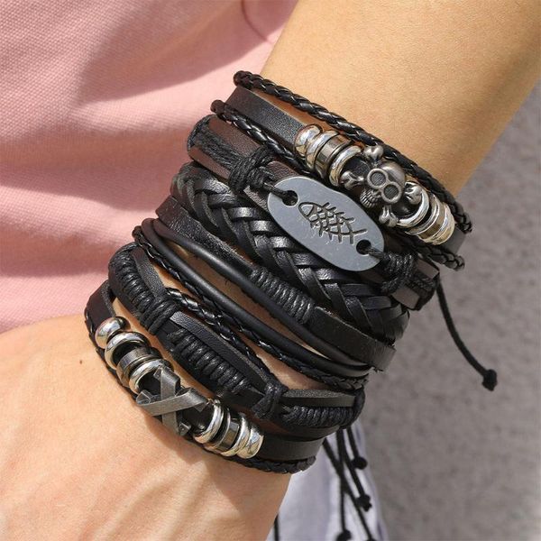 

charm bracelets vintage skeleton fish cross black leather bracelet for men multilayer braided & bangles male gift, Golden;silver