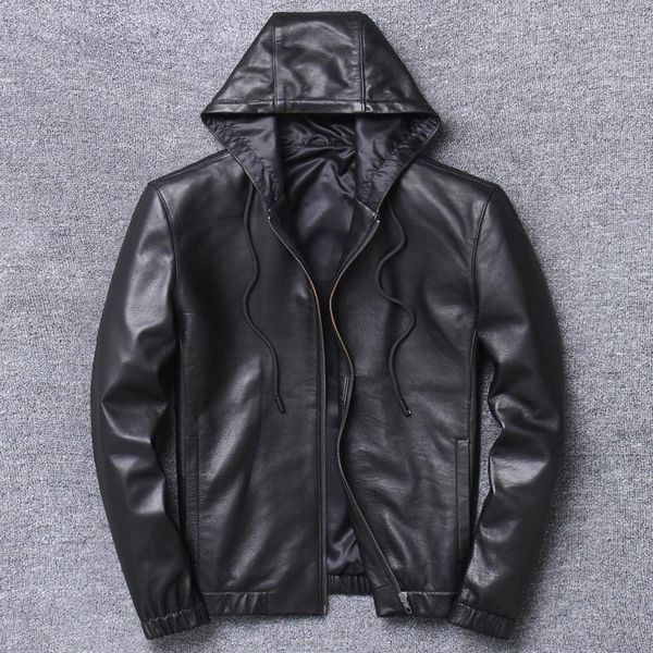 

men's leather & faux self-cultivation sheep genuine clothing even hat single skin loose coat youth short fall 100% natural calf, Black