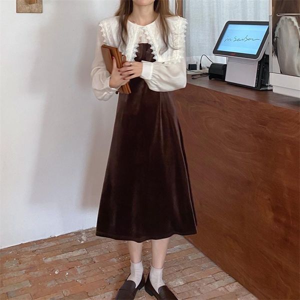 

casual dresses real s 2021 style elegant lace stitching velvet navy collar waist long-sleeved dress, Black;gray