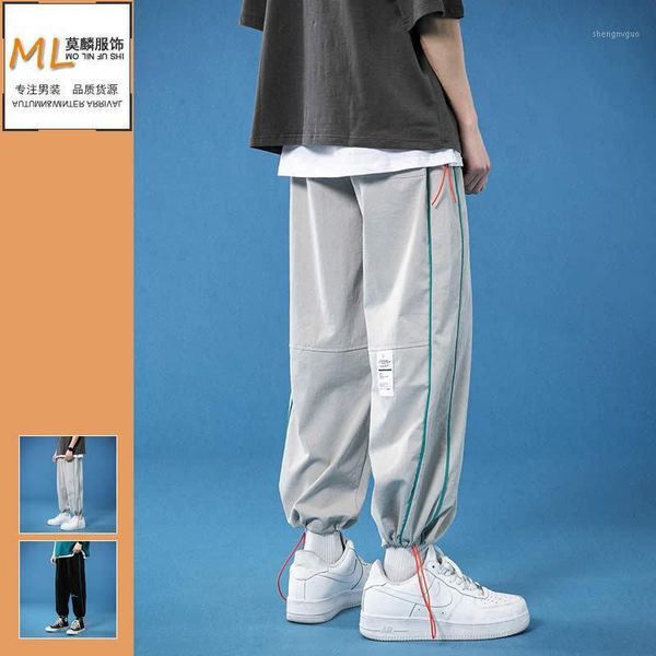 

men's pants 2021 summer sports striped korean style loose casual, Black