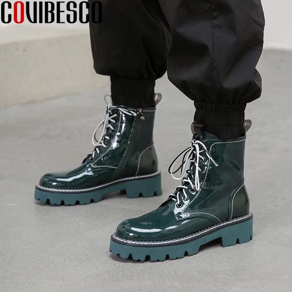 

boots covibesco 2021 fashion casual women ankle genuine leather platforms shoes woman autumn winter lace-up, Black