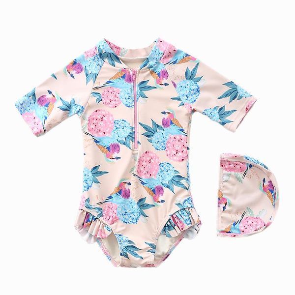 

0-6t baby/toddler girls one piece swimwear half sleeve zip sunsuits with hat sun protection floral ruffled infant beach swimsuit one-piece s