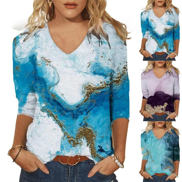 

women's t-shirt fashion plus size t shirt spring printed mid-length 3/4 sleeves v-neck casual tee camisetas de mujer, White