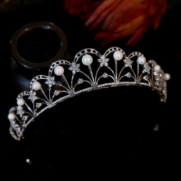 

new headpieces crystal pearl bridal tiara micro-inlaid cubic zirconia wedding crown hair accessories girlfriend birthday gift, Silver