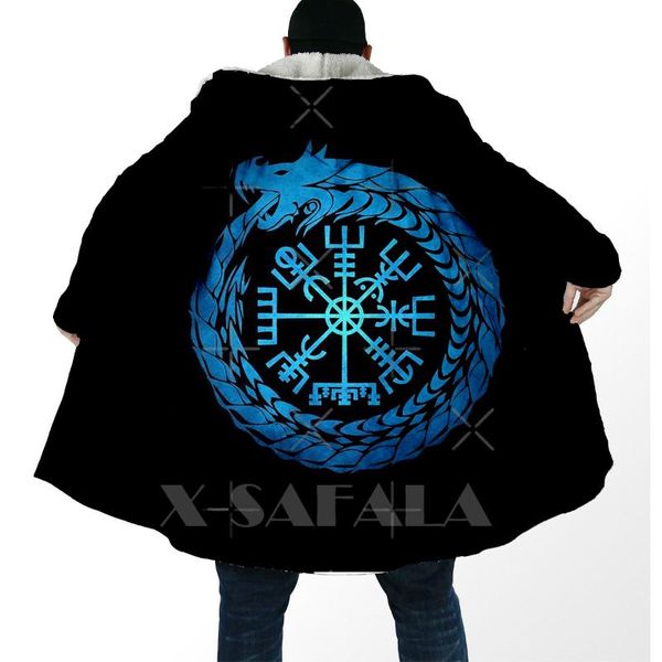 

men's wool & blends thick warm hooded cloak for men tattoo symbol fenrir viking overcoat coat 3d print windproof fleece cape robe blank, Black