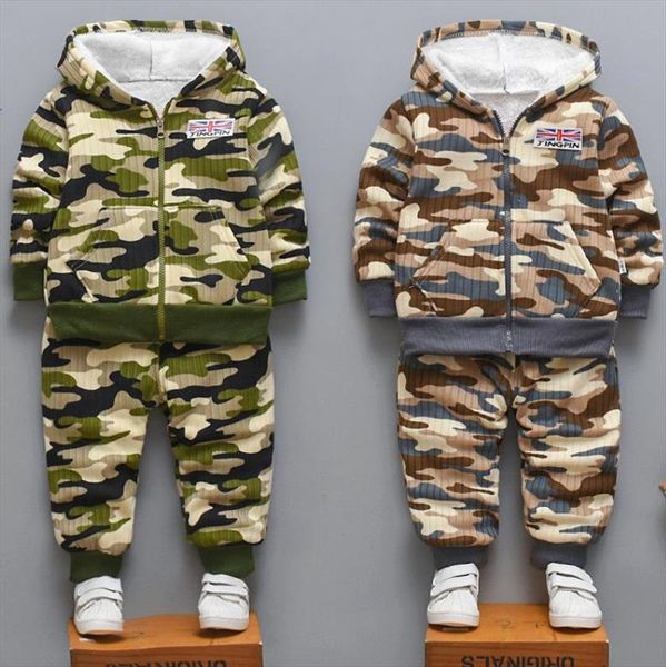 

autumn and winter baby boys girls hooded warm camouflage clothing sets coat pants children military uniform suits outfits, White