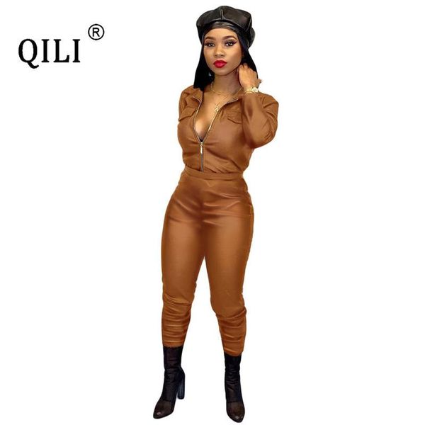 

women's jumpsuits & rompers qili women two piece set leather outfits black pu autumn winter full sleeve zipper and pants 2 xxl, Black;white