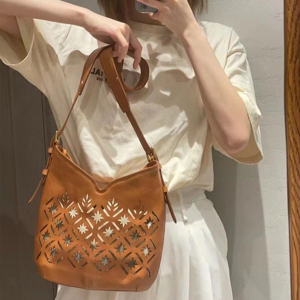 

evening bags hollow genuine leather bucket shoulder bag vintage crossbody for women 2021 brands designer women's tote female
