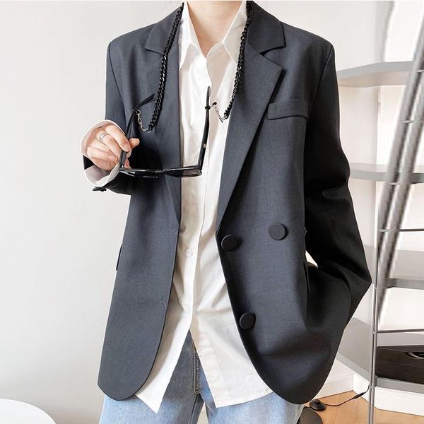 

grey women 2021 fashion double breasted solid blazer coat vintage long sleeve pockets female outerwear chic women's suits & blazers, White;black