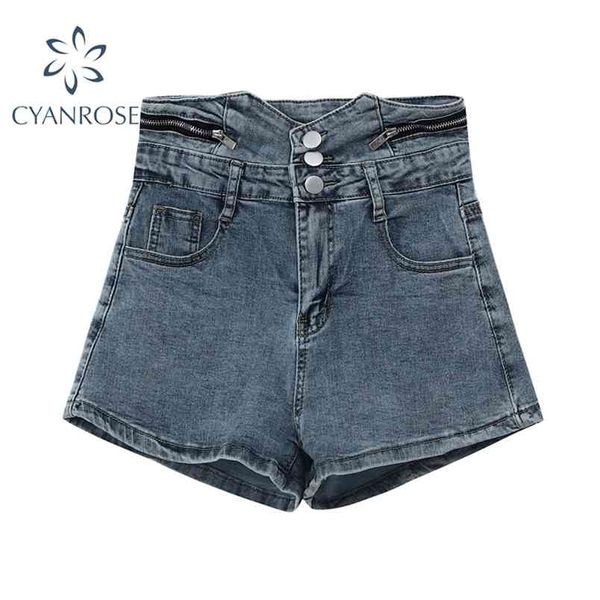 

streetwear high-waist denim side zipper botton women's shorts summer irregular vintage wide leg jeans female 210515, White;black