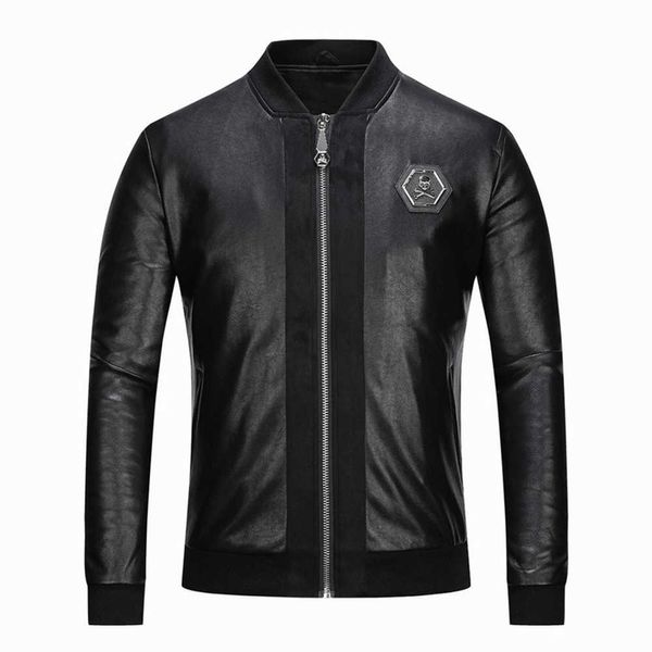 Frühling Casual Stickerei Schädel Motor Gespleißt Abzeichen PU Faux Leder Jacke Männer Herbst Mode Biker Mantel Vintage schlanke Oberbekleidung 211009