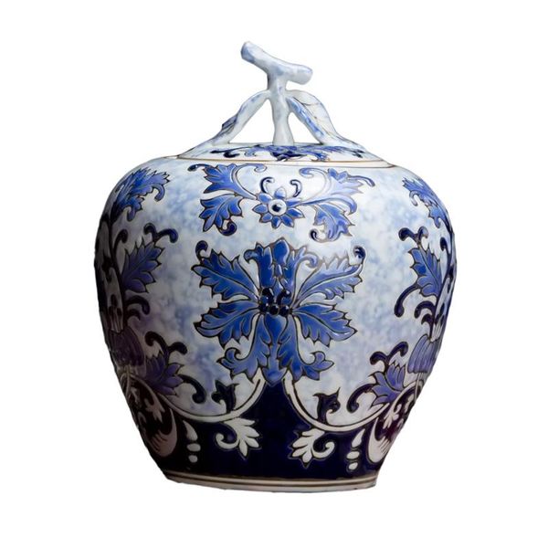 

jingdezhen ceramic storage tank blue and white porcelain relief apple jar chinese living room tv cabinet snack pot vases