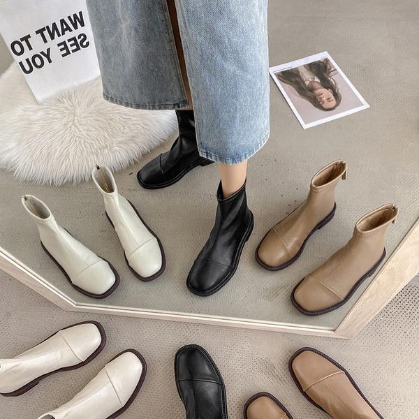 

boots shoes women 2021 flat heel round toe rock rubber leather low mid calf ladies mid-calf basic cotton fabric flock rome, Black