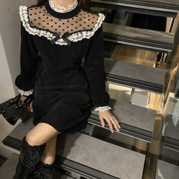 Japon Gotik Sonbahar Kış Kadın Siyah Elbise Mesh Patchwork Gevşek Kadife Elbiseler Yay Fener Kol Mori Kız Elbise 210527
