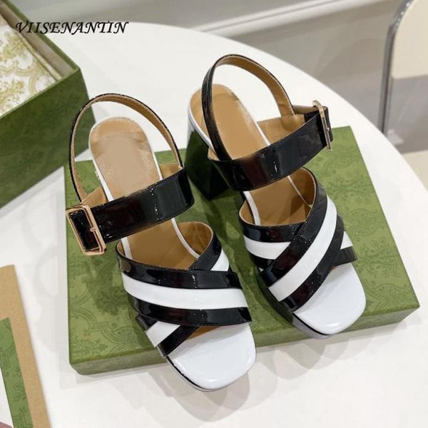 

sandals fashion show snake print buckle belt thick heel high summer leather open toe mixed color personality party, Black