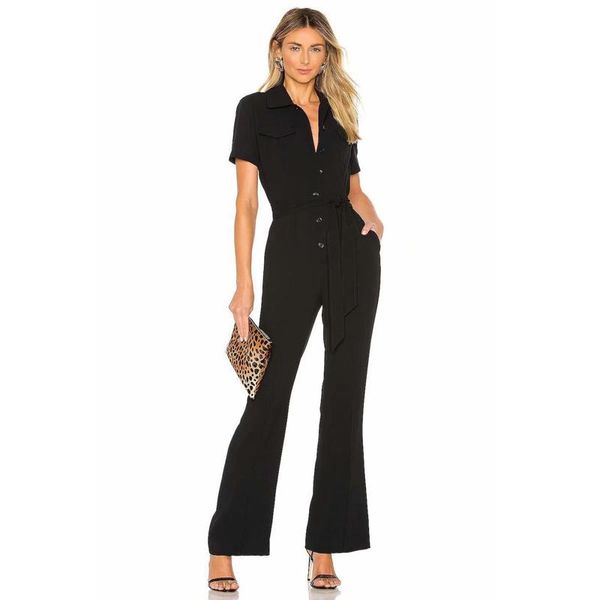 

women's jumpsuits & rompers black short sleeve single breasted pocket belt temperament slim wide leg pants spring summer high quality, Black;white