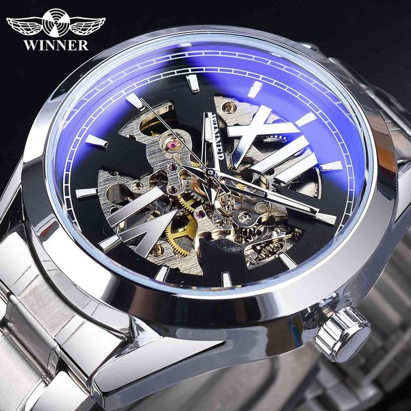 

new winner style men's fashion leisure hollow out mechanical waterproof automatic watch, Slivery;brown