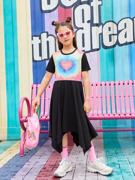 

girls heart & slogan pattern tie dye asymmetrical hem dress she, Red;yellow