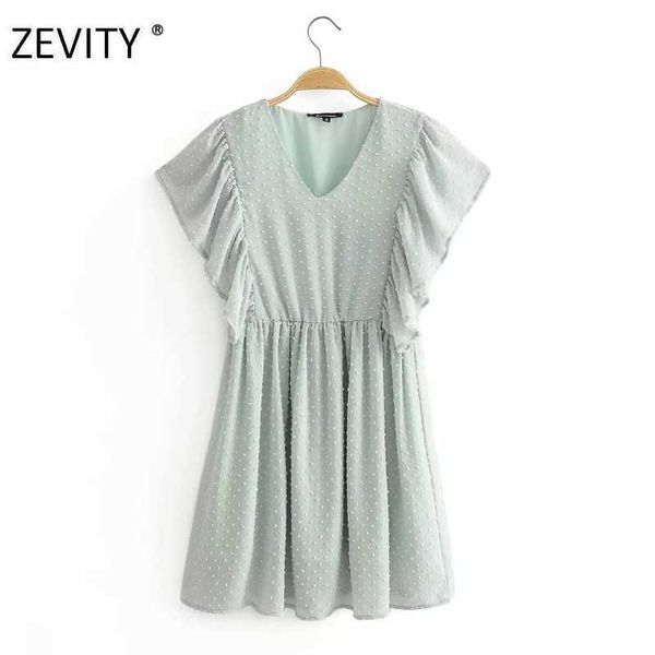 ZEVITY Frauen Mode V-Ausschnitt Punkte Nähen Casual Chiffon Kleid weibliche Falten Schmetterlingshülse Vestidos Chic Kleider DS4376 210603