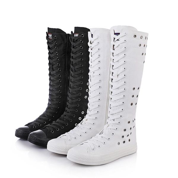 

canvas boots breathable ladies knee high lace-up zipper vent, Black