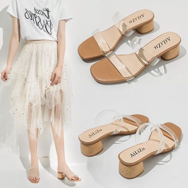 

slippers summer women modern square toe cool female sandals heel thick middle heels transparent belt woman white slides sexy, Black