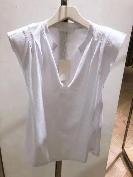 

women's t-shirt summer v-neck cotton folded shoulder slimming sleeveless all-match slim women, White