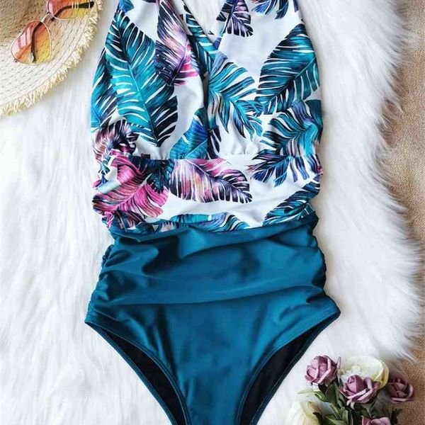 

plunge neck swimsuit tropical print patwork bathing suit women cross backless plus size swimwear monokini 210728, White;black