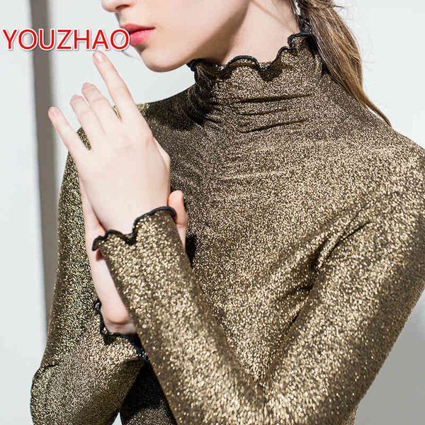 

tee 2021 autumn and winter new high-neck bottoming shirt thin long-sleeved t-shirt women bright silk gauze wooden ears, White;black