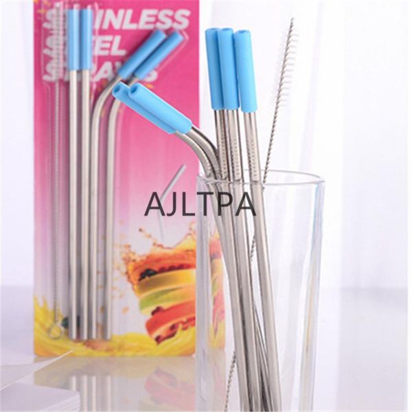 

drinking straws 50set/lot reusable silicone tips cover stainless steel straight bent bag brush metal ct0401