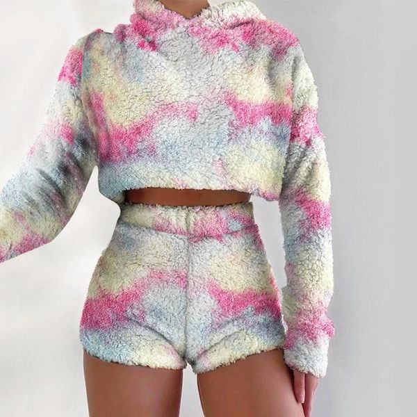 

women's tracksuits women hooded round neck oil color gradients pullover tie-dye flannel long-sleeved and shorts suit autumn winter paja, Gray