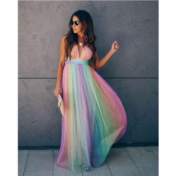 Женское Rainbow Beach Slipp платье лето Новые моды Дамы слинг Vestidos Sexy Deep V Mesh Suspender Maxi Party платья 210422