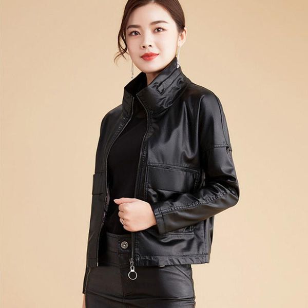 

women's leather & faux casual jacket women slim short autumn spring korean add cotton fashion zipper locomotive outerwear, Black