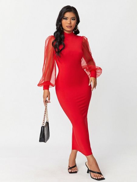 

mock neck contrast mesh lantern sleeve split hem dress 935o#, Black;gray