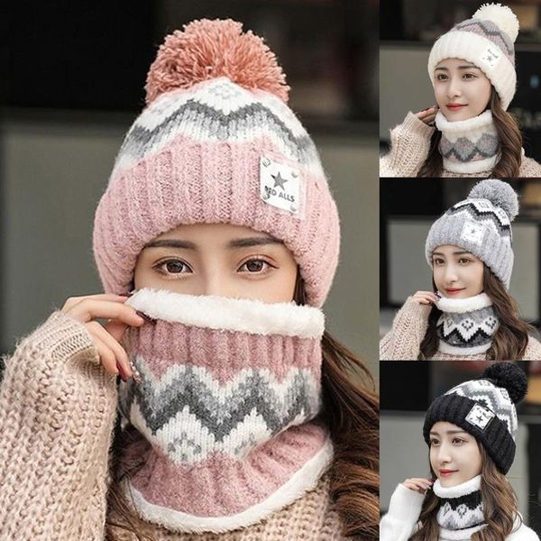 

hats, scarves & gloves sets 2021 winter warm beanies hat ring scarf 2 piece woman pompoms hats knitted caps s fashion set, Blue;gray