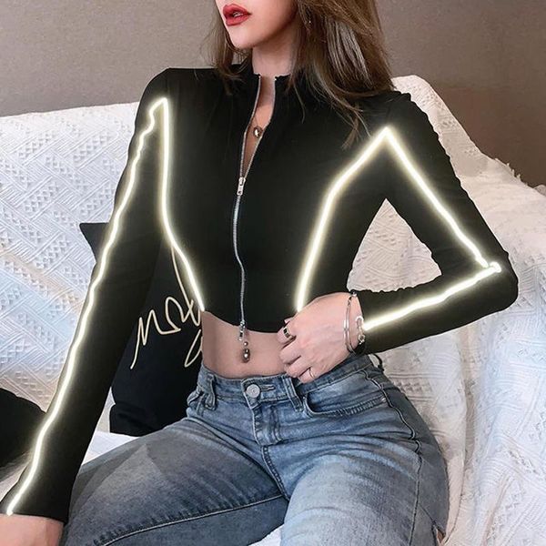 

women's t-shirt women gothic full sleeve reflective double zipper crop fashion tshirt female stand collar slim short tee shirts plus s, White