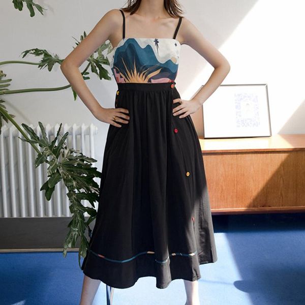 

female summer retro abstract printing stitching sling dress color single breasted personality fashion casual dresses, Black;gray