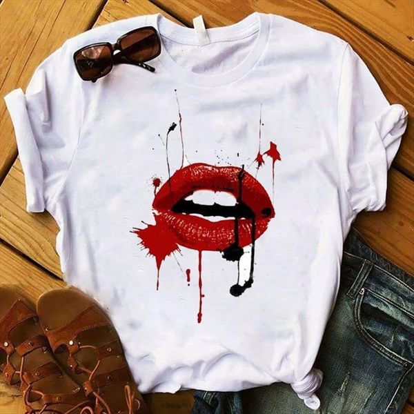 

red lip printed womens short sleeve loose tee female clothes graphic, White