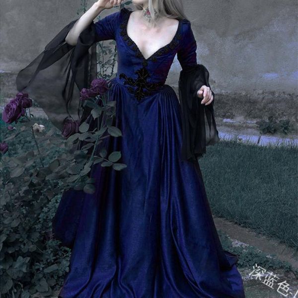 

casual dresses women plus size lace dress gothic forest wood elf fairy medieval halloween pagan witch costume fancy v neck maxi gown, Black;gray